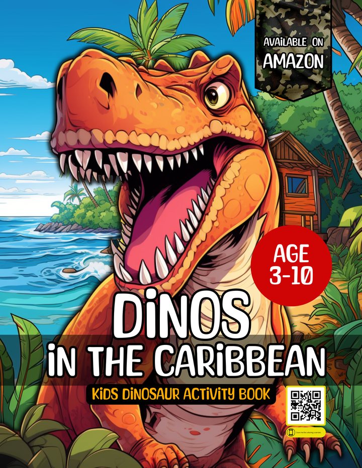 Dinos in the Caribbean — kids dinosaur activity book cover