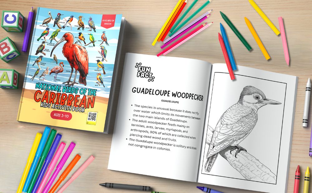 Inside National Birds of the Caribbean: Guadeloupe Woodpecker fun-fact and colouring page