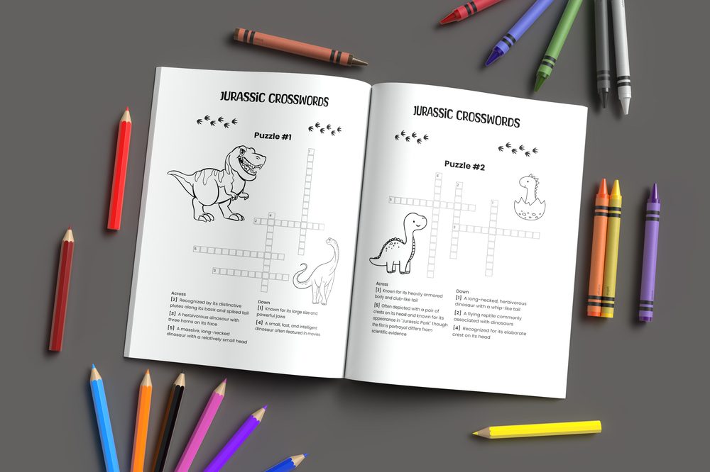 Jurassic crosswords activity spread from the dinosaur book