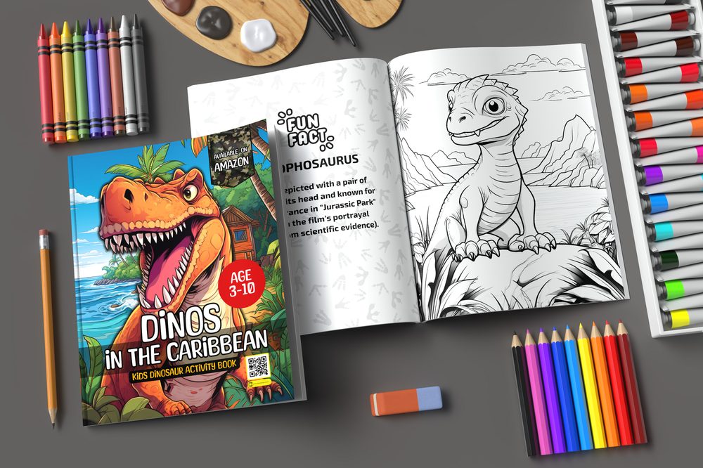 Inside Dinos in the Caribbean: a fun-fact page beside a dinosaur colouring page